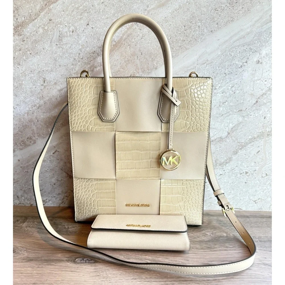 Michael Kors Mercer Medium NS Tote Bag & Matching Wallet Set Buff Croc NWOT